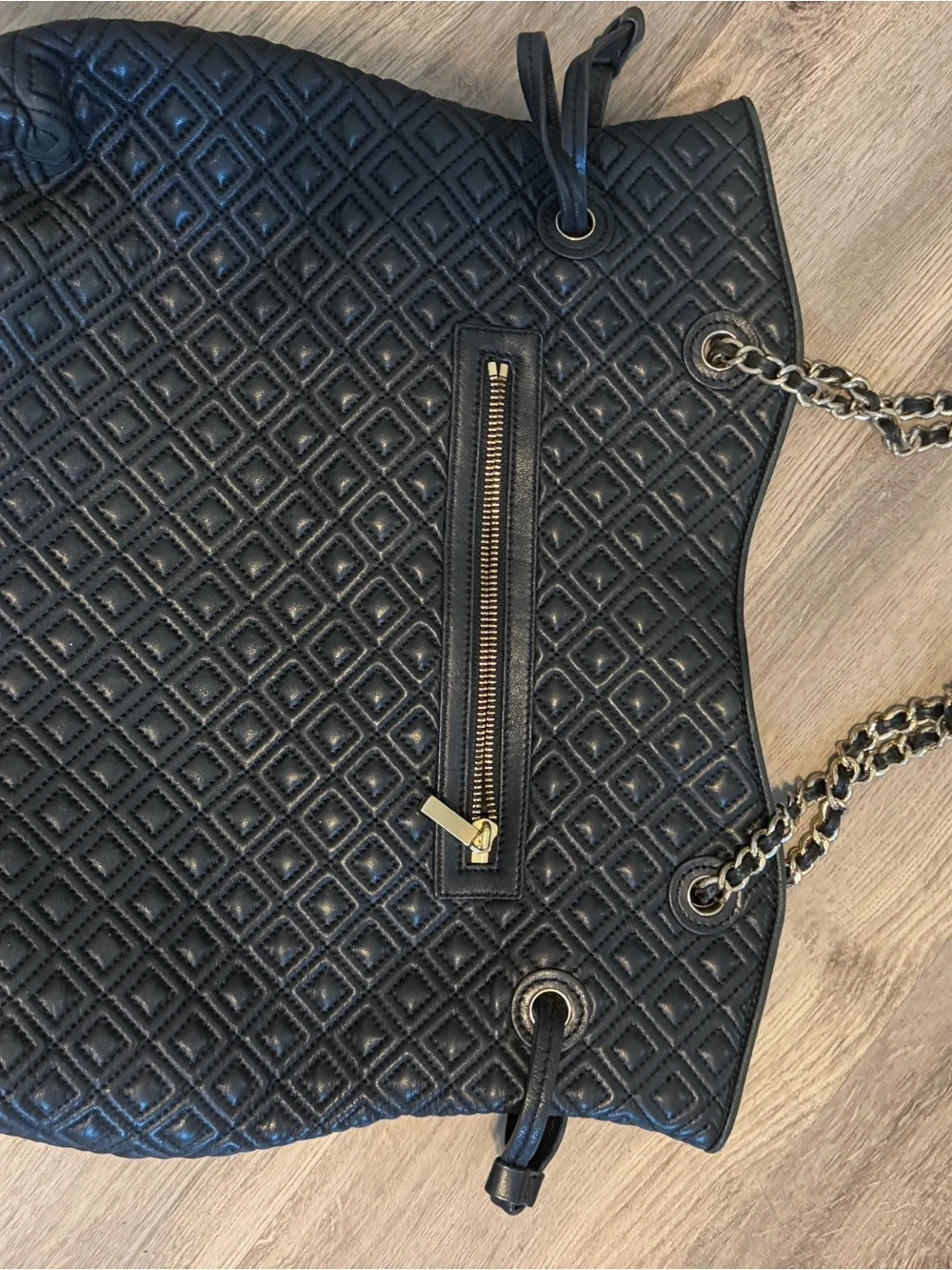 Tory Burch Black Quilted Leather Tote with Chain-Strap